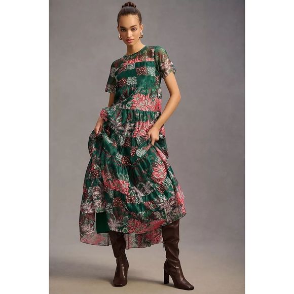 Anthropologie x Bhanuni Jyoti Tiered Short-Sleeve Dress Size 2X Plus - Picture 1 of 10